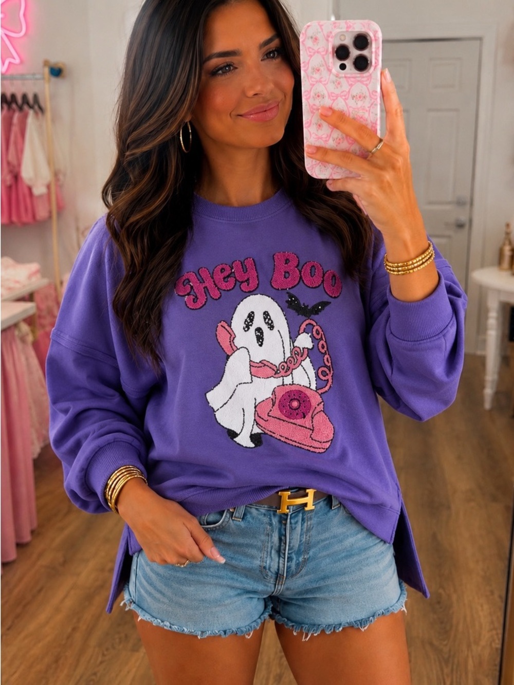 Purple 'Hey Boo' Graphic Sweatshirt - Women's Casual Pullover